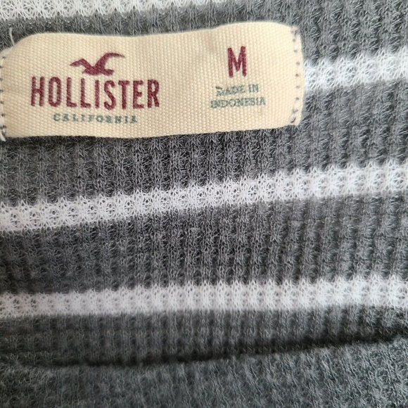 Hollister Womens Waffle Knit Wrap Top Sz MED Gray White Stripes Pullover Shirt - Picture 5 of 11